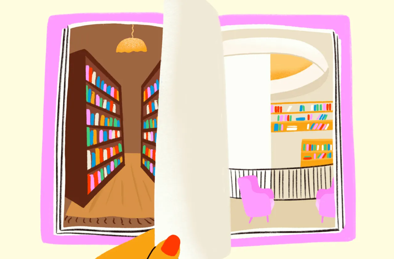 Illustration of a hand with red nail polish turning a page between a library shelf with books and the new Neilson oculus