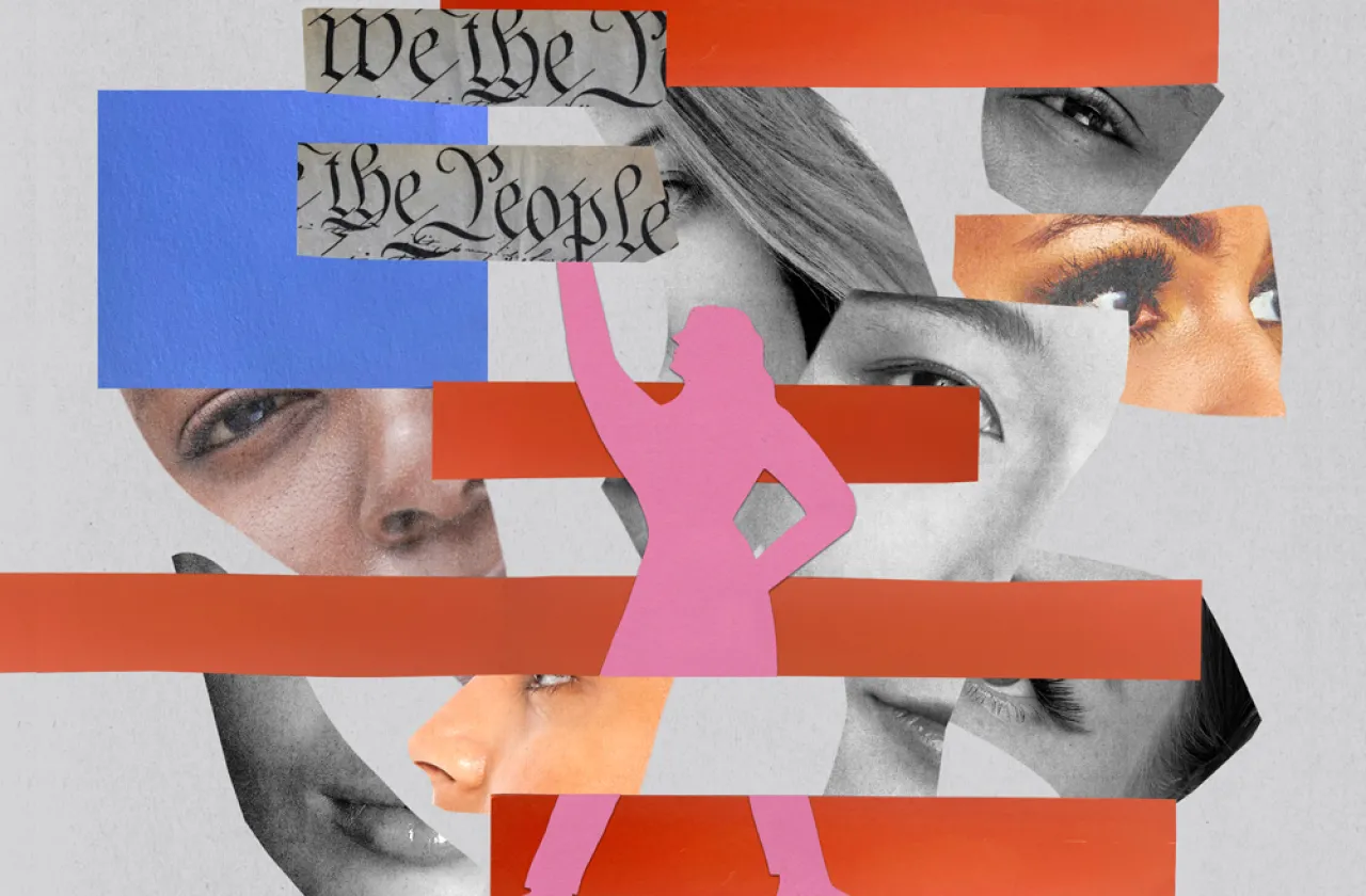 Collage of faces, a pink silhouette, and the start of the constitution