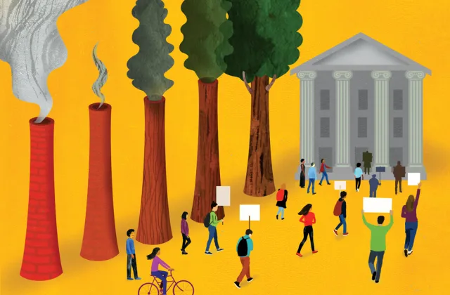 Illustration of people marching toward a building with stone columns holding signs.