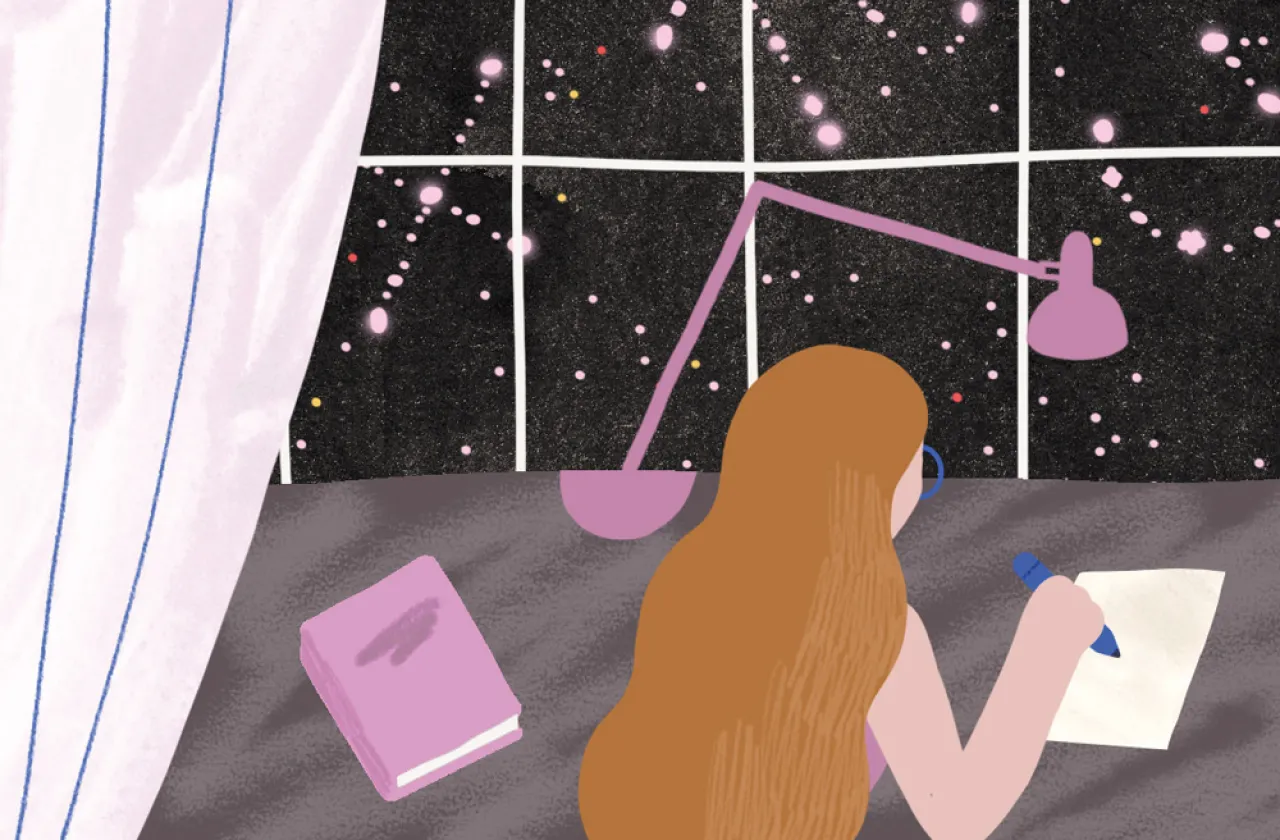 Illustration of a person with long hair work at her desk with a bright sky of stars out her window