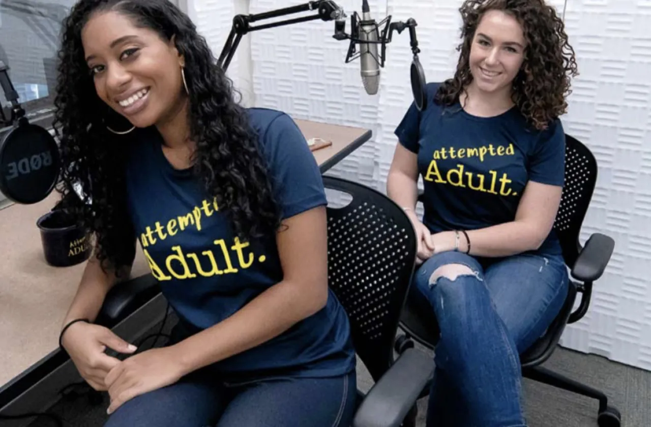 Kristina Mereigh, left, and Ana Devlin Gauthier record an episode of their podcast, Attempted Adults. 