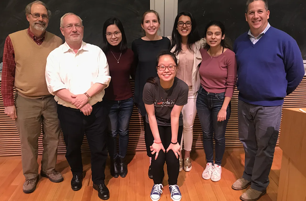 Judges and winners of this year's stock pitch competition with co-presidents of the Smith College Investment Club.