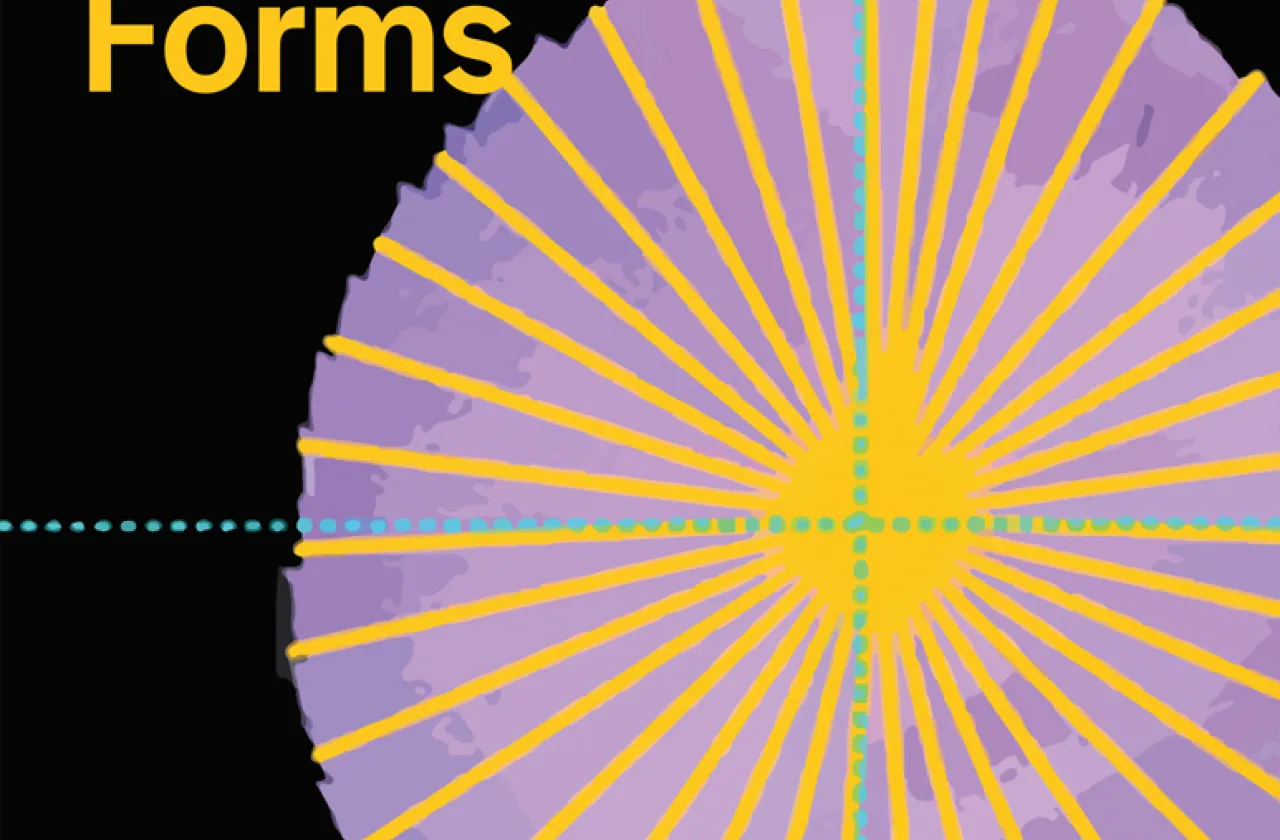 "Vegetal Forms" with graphic purple leaf, gold sunburst in the center