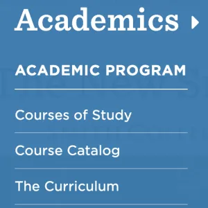 Screenshot of the primary navigation of the old site, highlighting Academics.