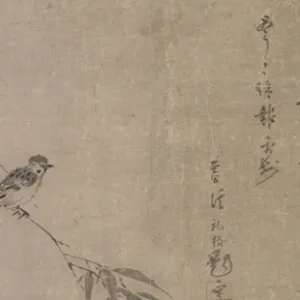 Sparrows and Bamboo, calligraphy by Ekkei Reikaku