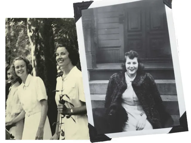 Left image, two smiling women in white dresses, on the right one smiling woman on brownstone porch steps