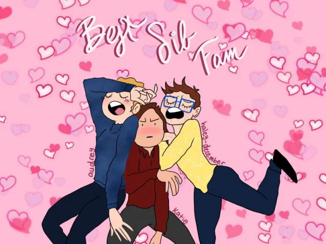 Cartoon with Audrey and Haley-December smooshing Katie with love