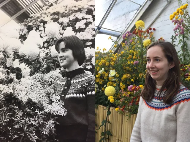 Betsey Donham recreating a black and white photo of a student at the mum show