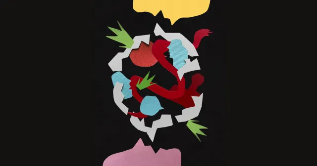torn paper collage featuring two human silhouettes speaking into the same chaotic speech bubble