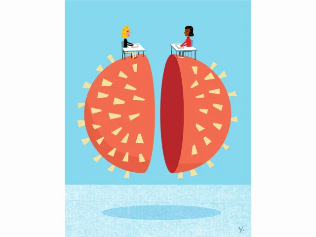 Illustration of a divided covid cell. On top of each half sits a child at a desk, one white and one Black, facing each other.