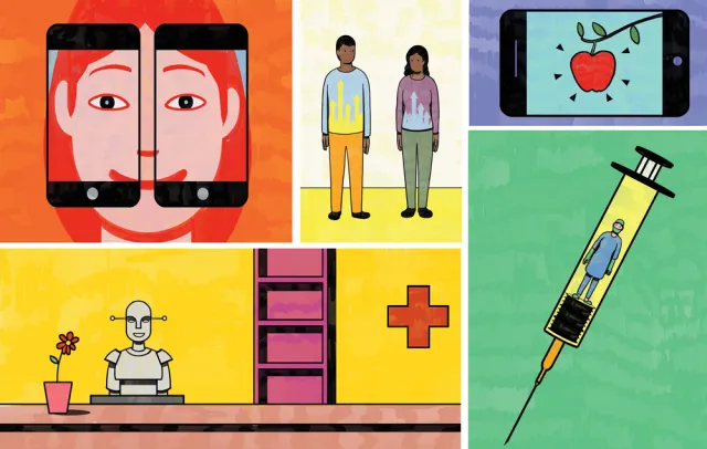 Collage of illustrations. Two smartphones magnify a person's face, two dark-skinned people stand next to each other with data graphs on their shirts, an apple is on a smartphone screen, a doctor is inside a test-tube, a robot nurse greets you.