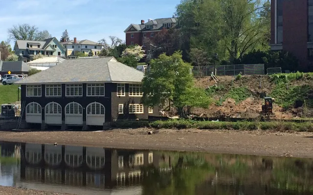 The crew house with water drawn down to show ground it sits on