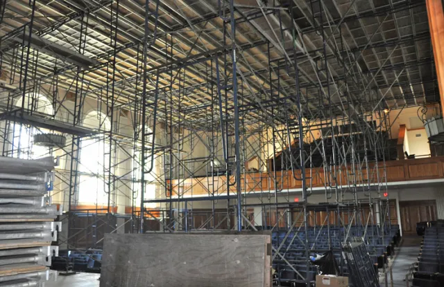 Scaffolding inside Sweeney Concert Hall
