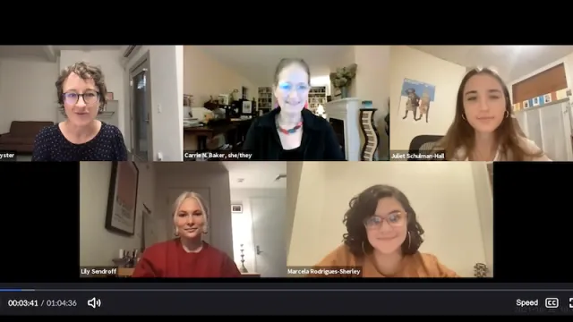 Screenshot of a Zoom meeting on public voices with students and Carrie Baker