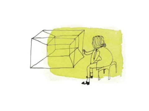 pen and ink of a child looking into a 3D cube