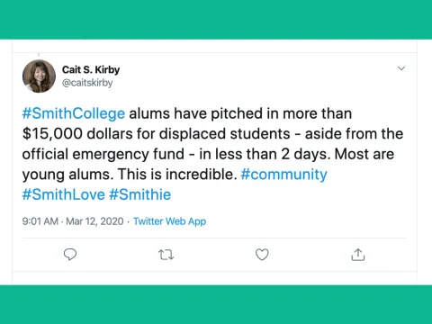#SmithCollege alums have pitched in more than $15,000 dollars for displaced students - aside from the official emergency fund - in less than 2 days. Most are young alums. This is incredible. #community #SmithLove #Smithie