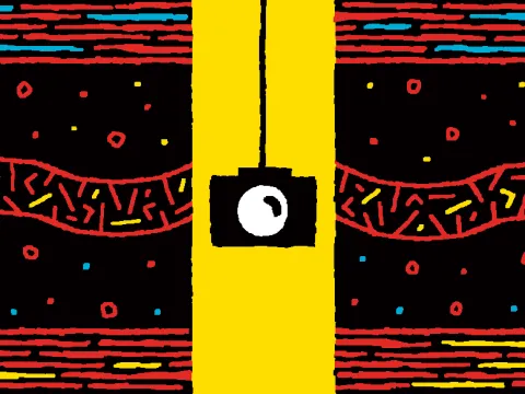 Illustration of a camera hanging down a yellow tunnel