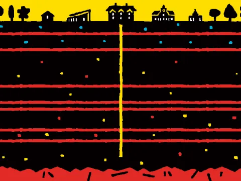 illustration of buildings on top of layers of sediment