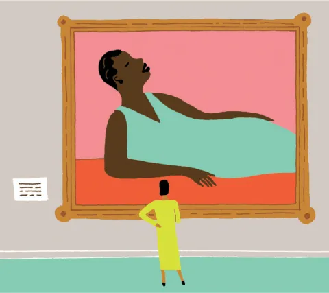 Illustration of a black woman looking at a painting of a black woman