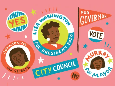 Illustration of political buttons and flags with black women in the center