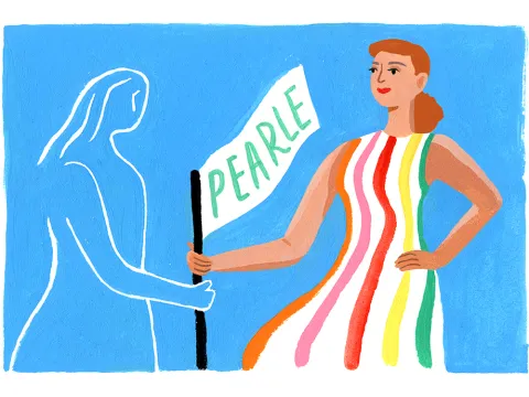 Drawing of a woman with a flag that reads "Pearle"