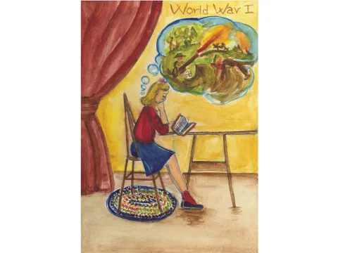 Drawing of a blonde girl reading at a table with a scene from World War I in a thought bubble
