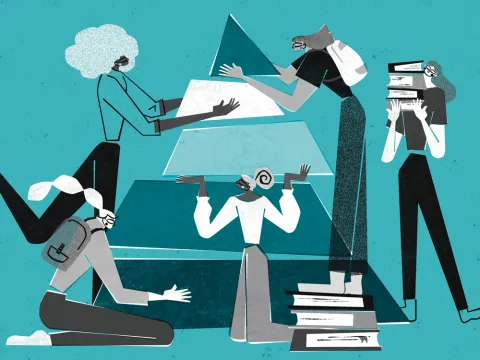 Illustration of people stacking a pyramid and carrying books