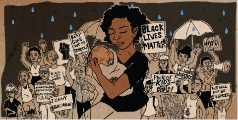 A black mother holding a swaddled infant. Behind them is a crowd of people with Black Lives Matter, "I Can't Breathe," and other signs