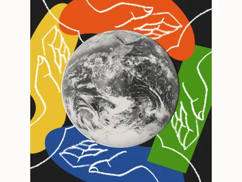Illustration of a black and white globe surrounded by blue, green, yellow and orange swaths of color, on of top of which are chalk hand outlines.
