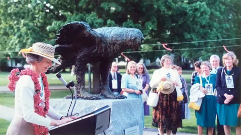 Ceremony outside of Wright Hall for the Baskin owl sculpture
