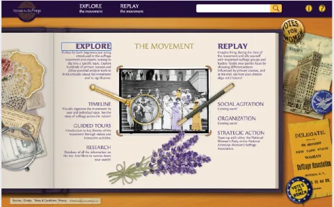Screenshot of suffrage interactive ap. Two options shown: Explore the movement or Replay the movement