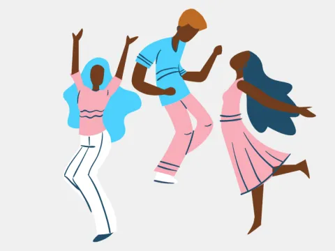 Three dark skinned people dressed in trans colors dancing