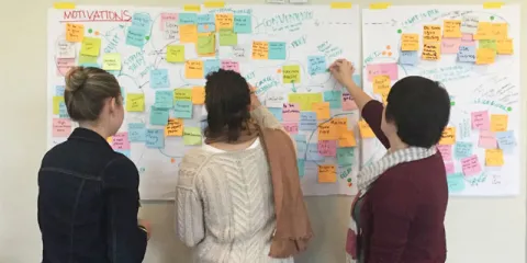 Students working with post-it notes on whiteboard