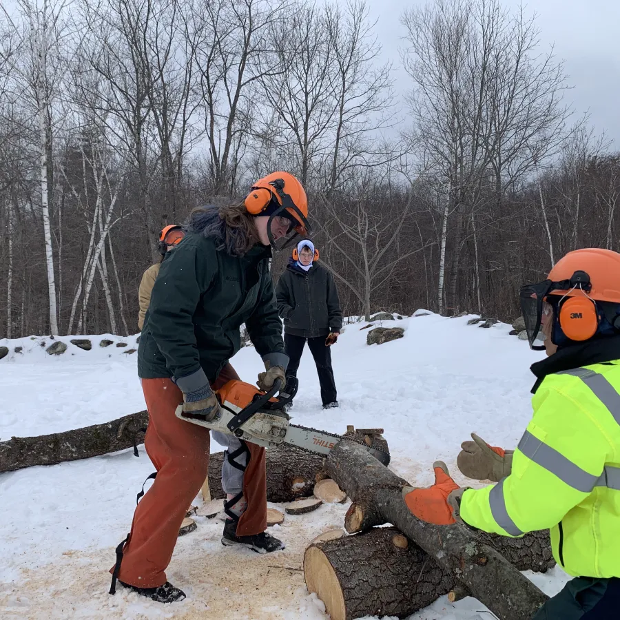 Students use a chain saw to cut up a fallen tree.