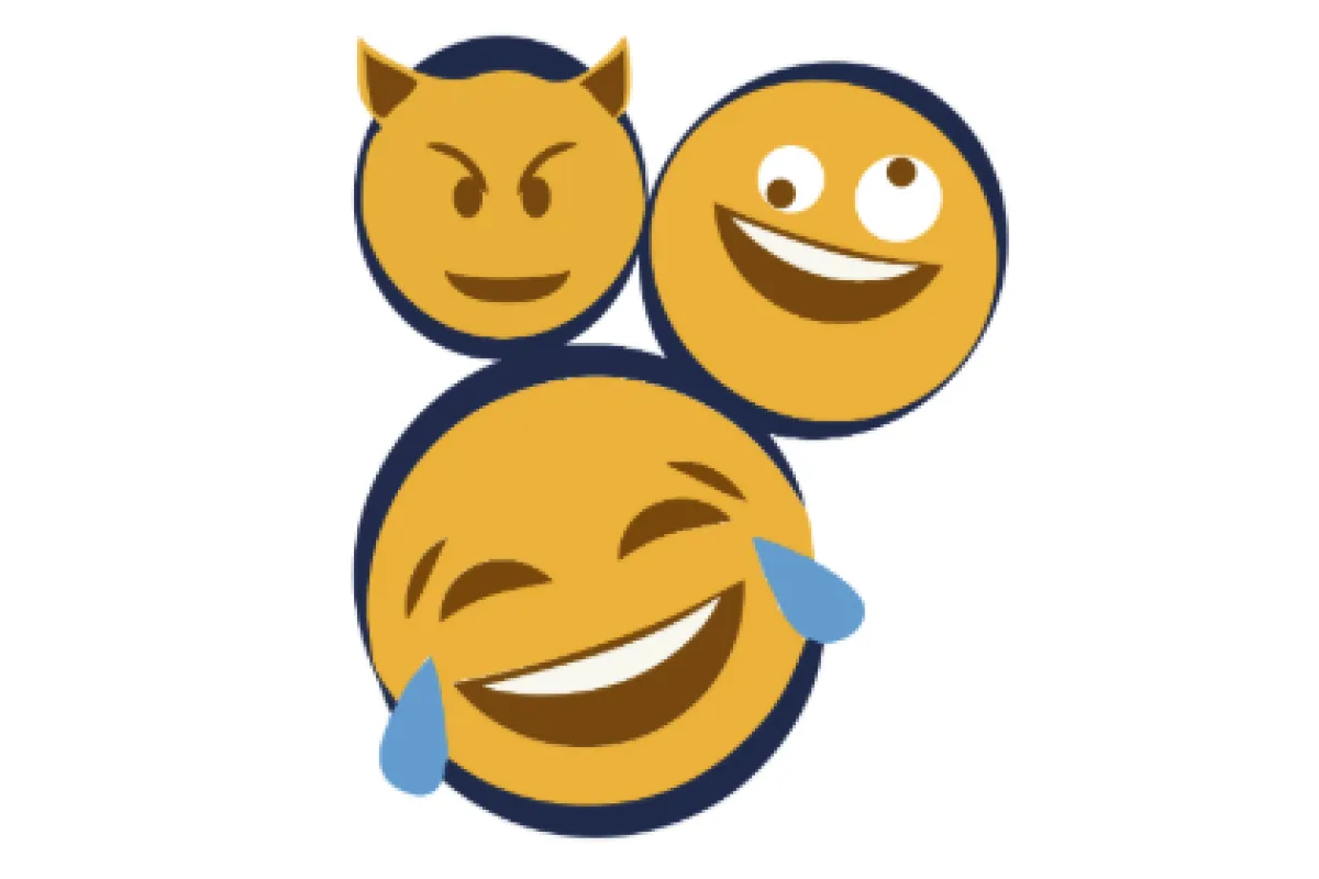 Three smiling or laughing emojis, one with horns, one with a wide smile, and one with tears of laughter