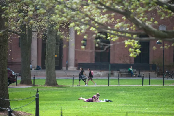 student laying on the lawn in spring