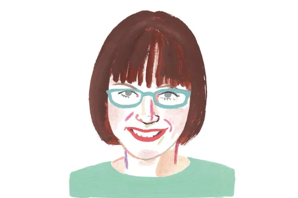 Watercolor illustration of Allison Ellis with a brunette bob and mint green shirt and glasses