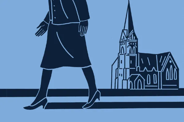 Black outline of a person in a skirt and kitten heels walking past a church against a blue background