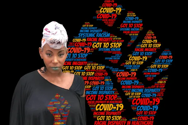 Erika Ewing standing in front of a black power fist assembled from a covid-19 wordcloud. She is wearing a shirt with the same image.