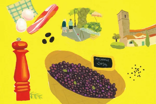 Illustration. Deep yellow background, white couple visiting a farmers market, pepper grinder, eggs and bacon, large bowl of olives for sale with a label in French