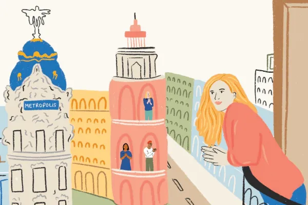 Illustration of a blonde person with long hair leaning out a balcony, looking over Madrid while other people clap in their windows