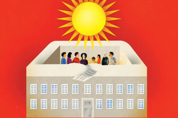 Illustration of a school building embracing a diverse group of people under a bright yellow sun
