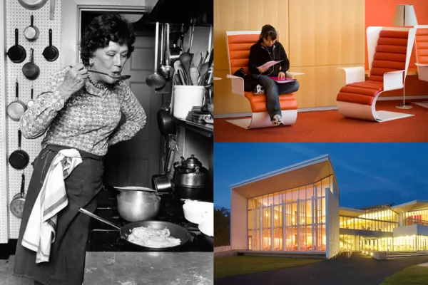 Julia Child tasting a dish on the stove alongside two photos of the Smith College Campus Center