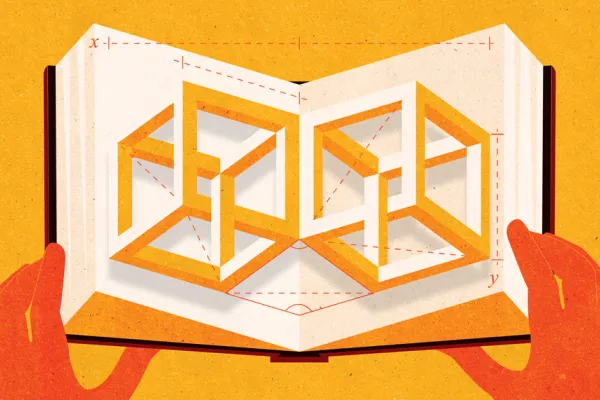 Illustration of orange hands opening a book with impossible geometric shapes popping out. X and y axes flank them.