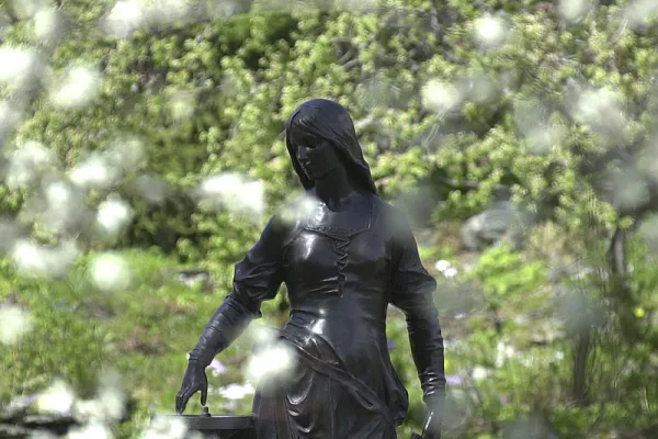 Lanning fountain glimpsed through a flowering tree