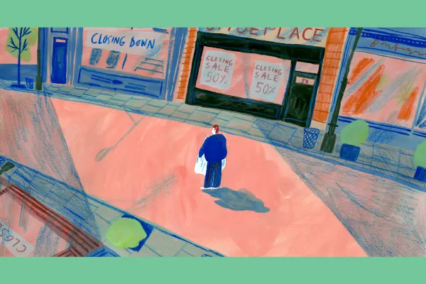 Illustration of a person walking through a city street with closed signs on all the stores.
