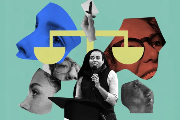 Collage--Cut out of Camille Wimbish speaking into a microphone. Behind her are cut-outs of other people's faces and a judicial scale