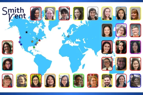 SmithVent, a collection of headshots against a map of the world with stars in various places in North America and Europe