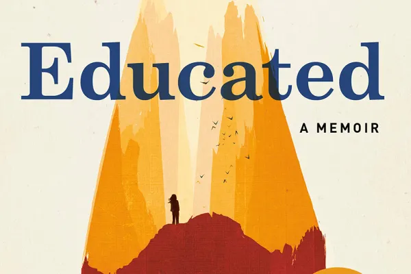 Educated: A Memoir. Illustration of the silhouette of a person climbing a mountain that is also the edge of a large pencil