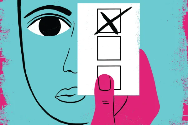 Illustration of a face with a hand holding up a ballot in front of the eye